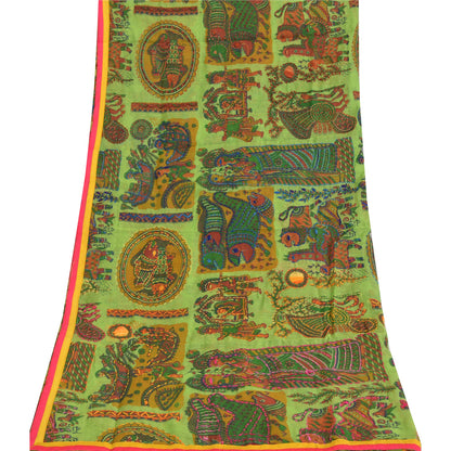 Sanskriti Green Dupatta Madhubani Print & Handmade Kantha Stole Chanderi Silk