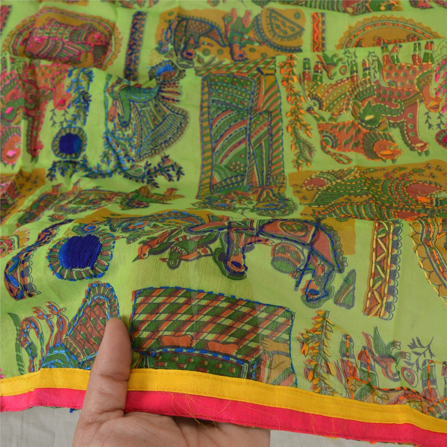Sanskriti Green Dupatta Madhubani Print & Handmade Kantha Stole Chanderi Silk
