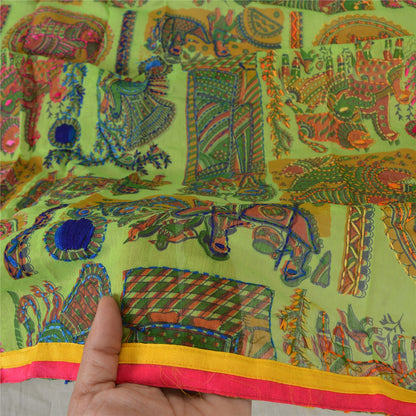 Sanskriti Green Dupatta Madhubani Print & Handmade Kantha Stole Chanderi Silk