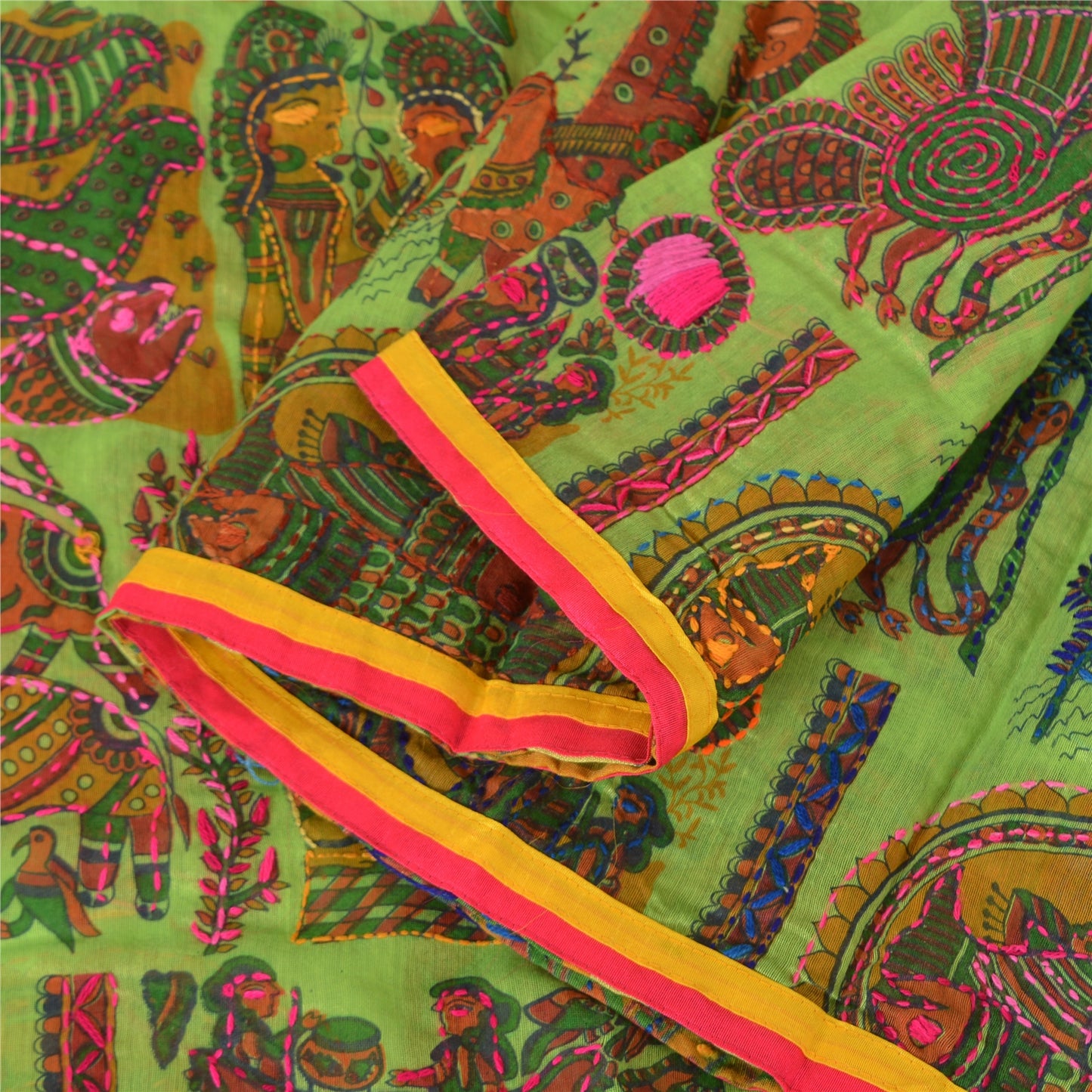 Sanskriti Green Dupatta Madhubani Print & Handmade Kantha Stole Chanderi Silk