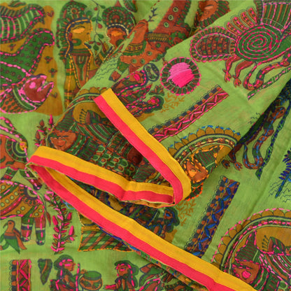 Sanskriti Green Dupatta Madhubani Print & Handmade Kantha Stole Chanderi Silk
