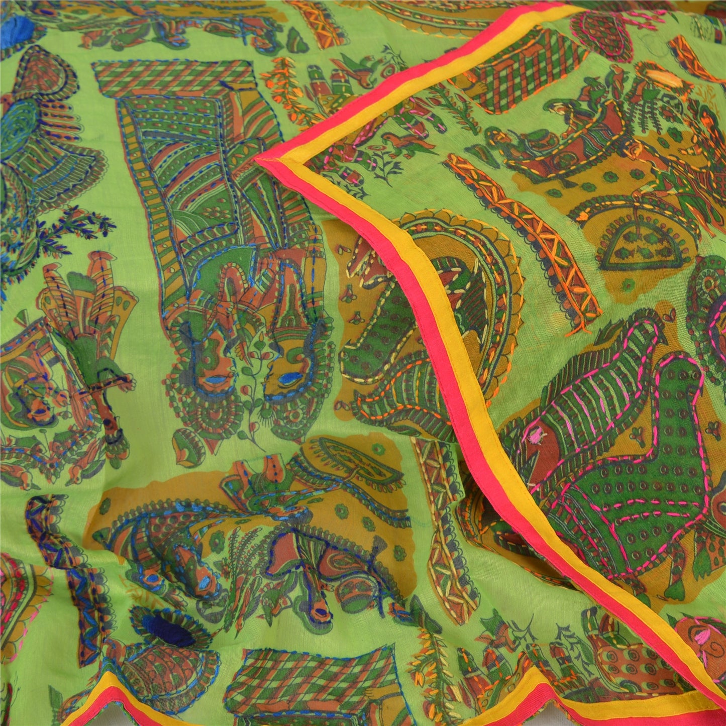 Sanskriti Green Dupatta Madhubani Print & Handmade Kantha Stole Chanderi Silk