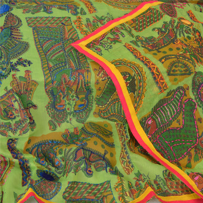 Sanskriti Green Dupatta Madhubani Print & Handmade Kantha Stole Chanderi Silk