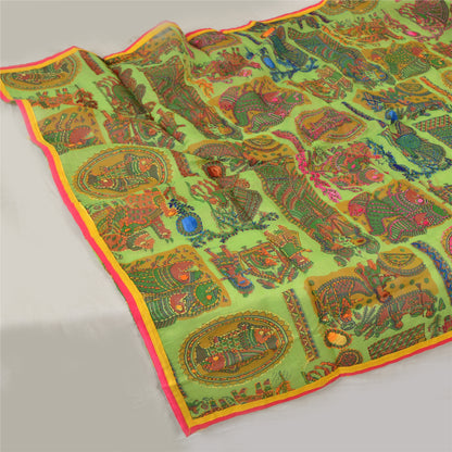 Sanskriti Green Dupatta Madhubani Print & Handmade Kantha Stole Chanderi Silk