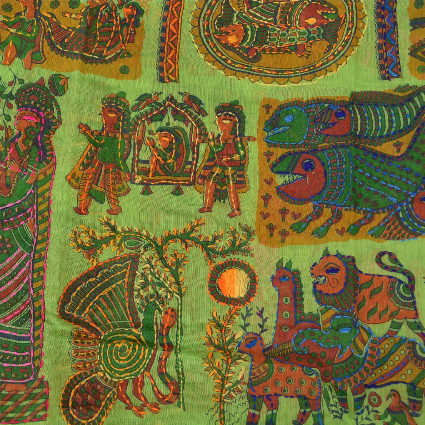Sanskriti Green Dupatta Madhubani Print & Handmade Kantha Stole Chanderi Silk