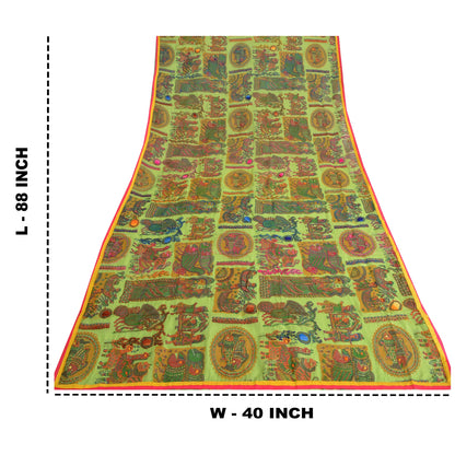 Sanskriti Green Dupatta Madhubani Print & Handmade Kantha Stole Chanderi Silk