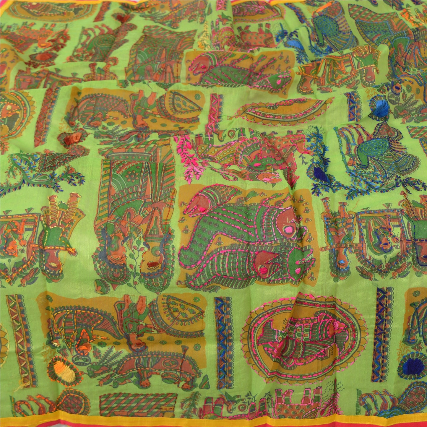 Sanskriti Green Dupatta Madhubani Print & Handmade Kantha Stole Chanderi Silk