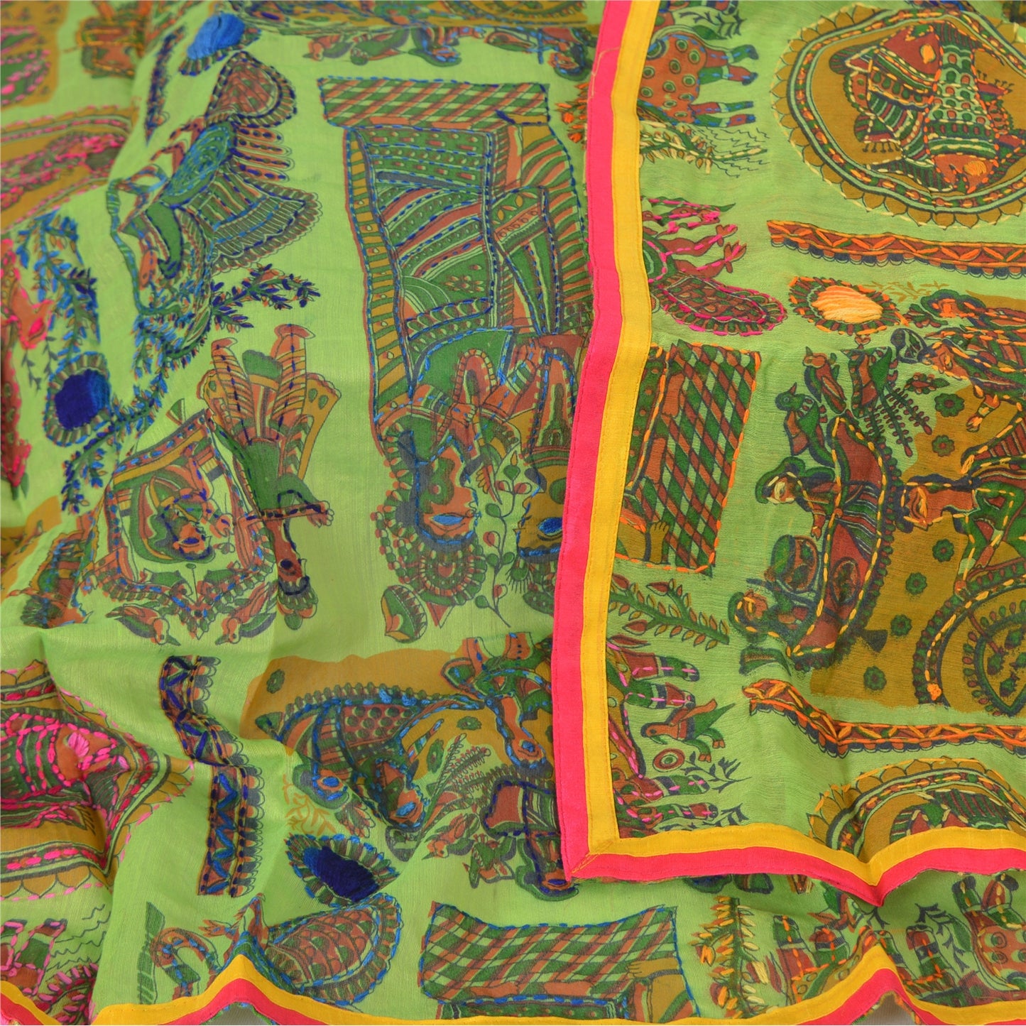 Sanskriti Green Dupatta Madhubani Print & Handmade Kantha Stole Chanderi Silk
