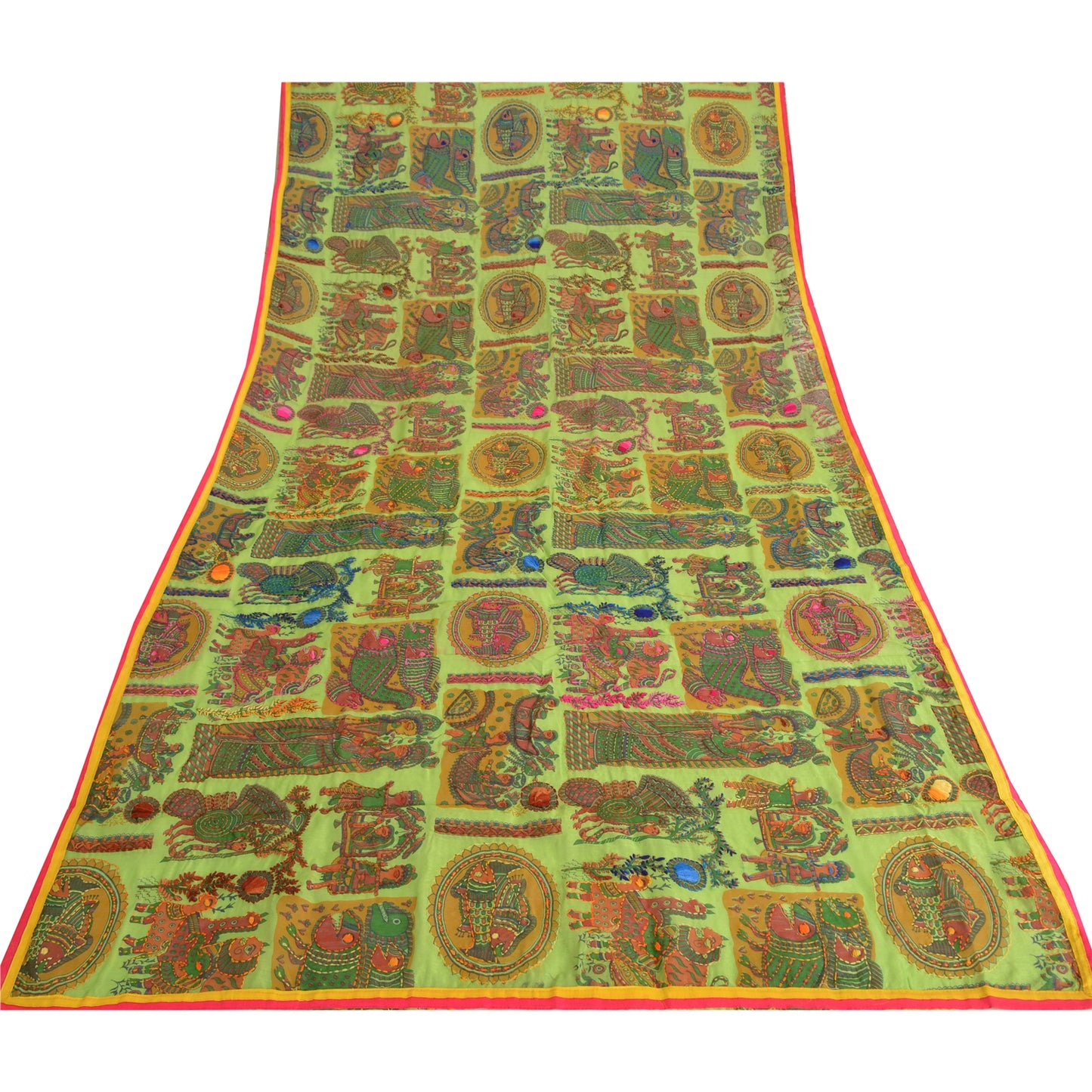 Sanskriti Green Dupatta Madhubani Print & Handmade Kantha Stole Chanderi Silk