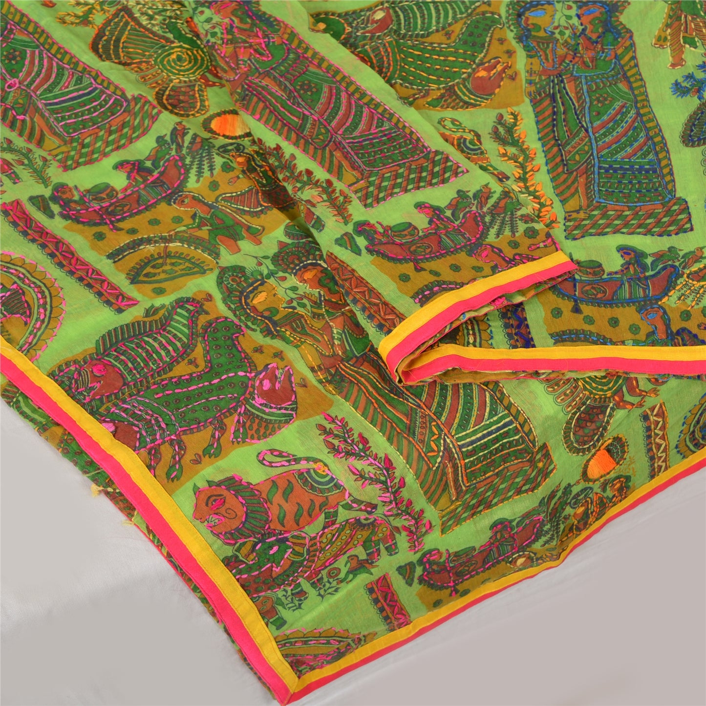 Sanskriti Green Dupatta Madhubani Print & Handmade Kantha Stole Chanderi Silk