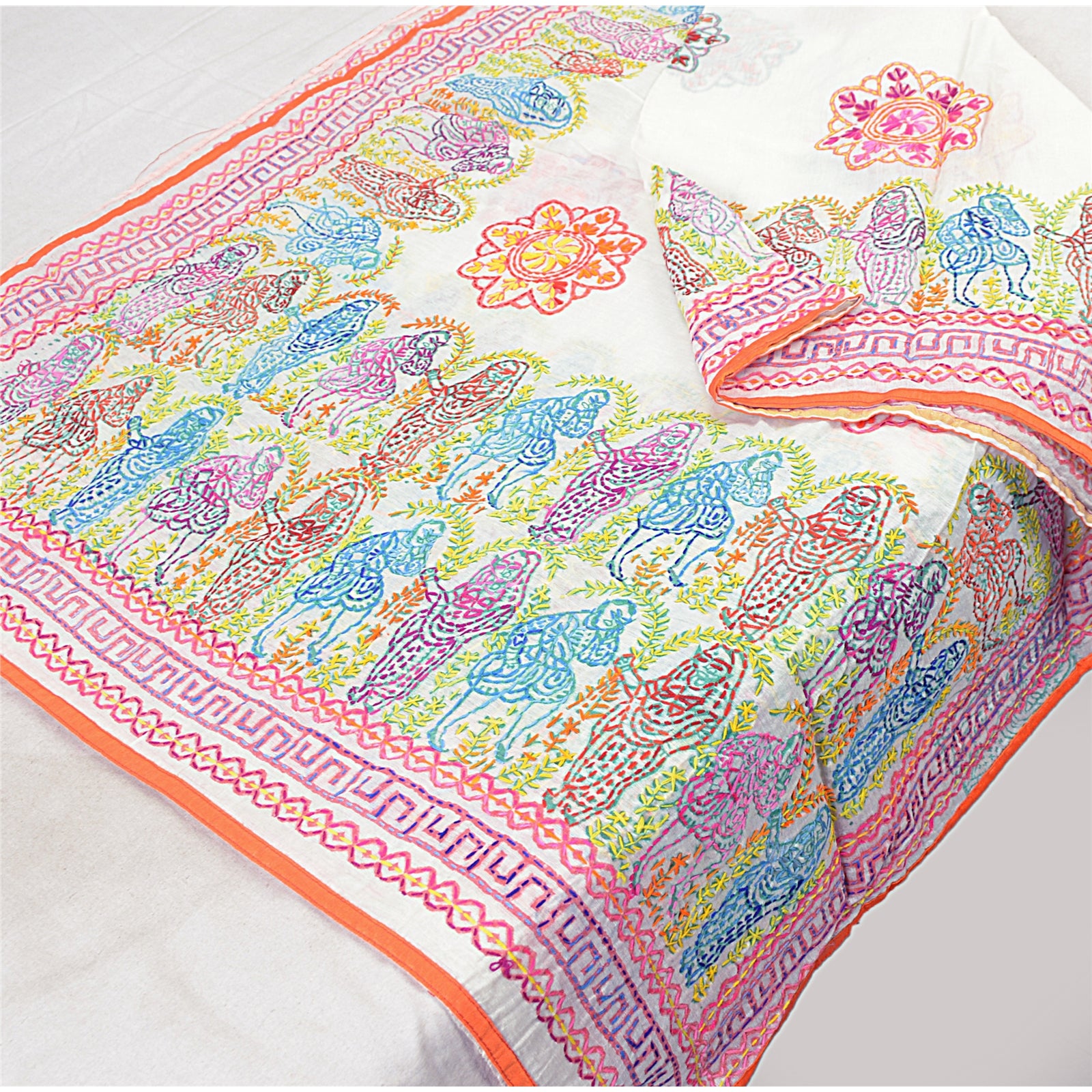 Sanskriti Vintage White Dupatta Hand Embroidered Kantha Stole Chanderi Silk Veil