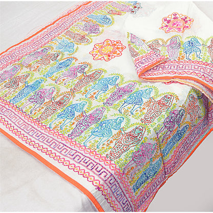 Sanskriti Vintage White Dupatta Hand Embroidered Kantha Stole Chanderi Silk Veil