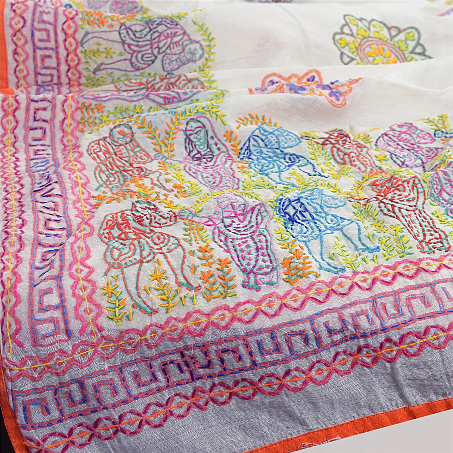 Sanskriti Vintage White Dupatta Hand Embroidered Kantha Stole Chanderi Silk Veil