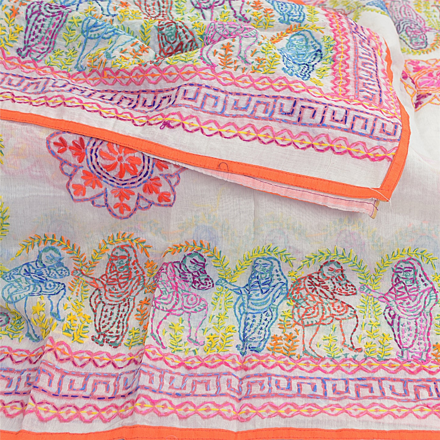 Sanskriti Vintage White Dupatta Hand Embroidered Kantha Stole Chanderi Silk Veil