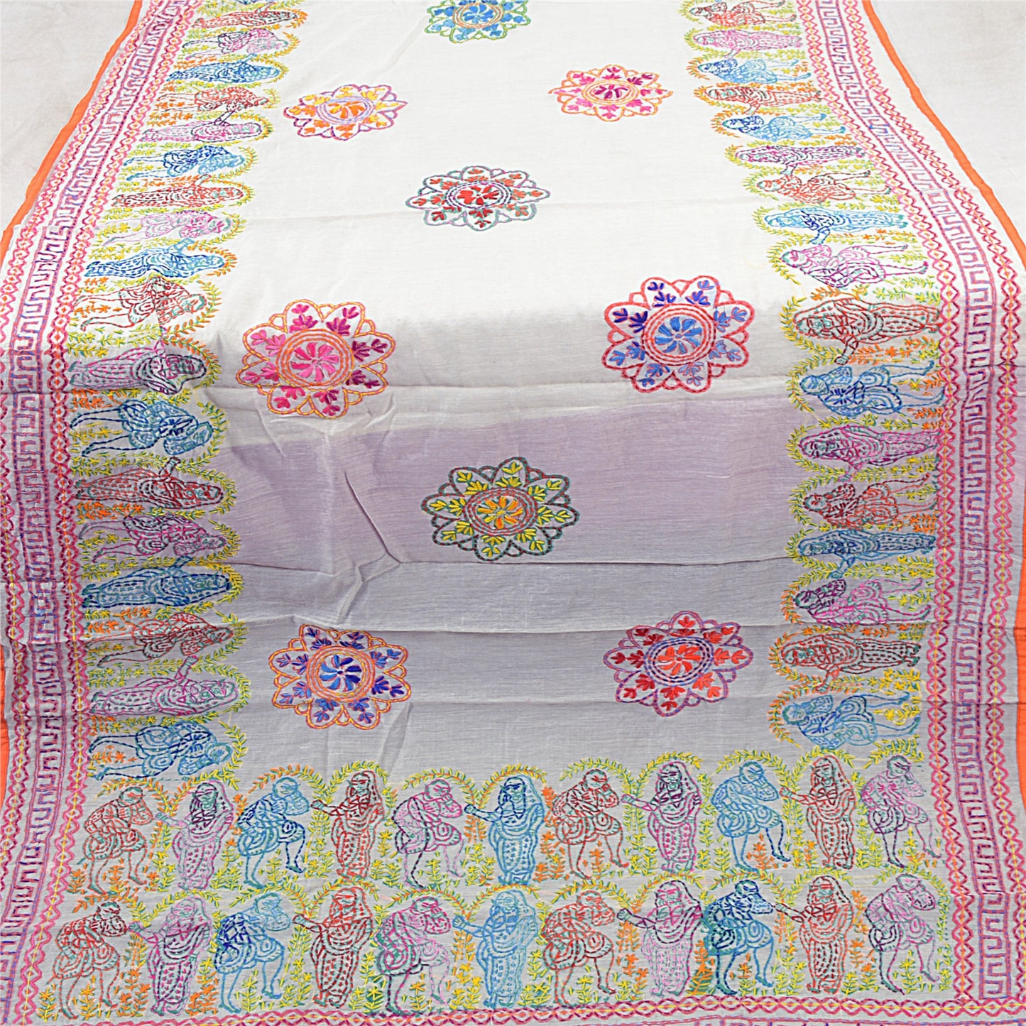 Sanskriti Vintage White Dupatta Hand Embroidered Kantha Stole Chanderi Silk Veil