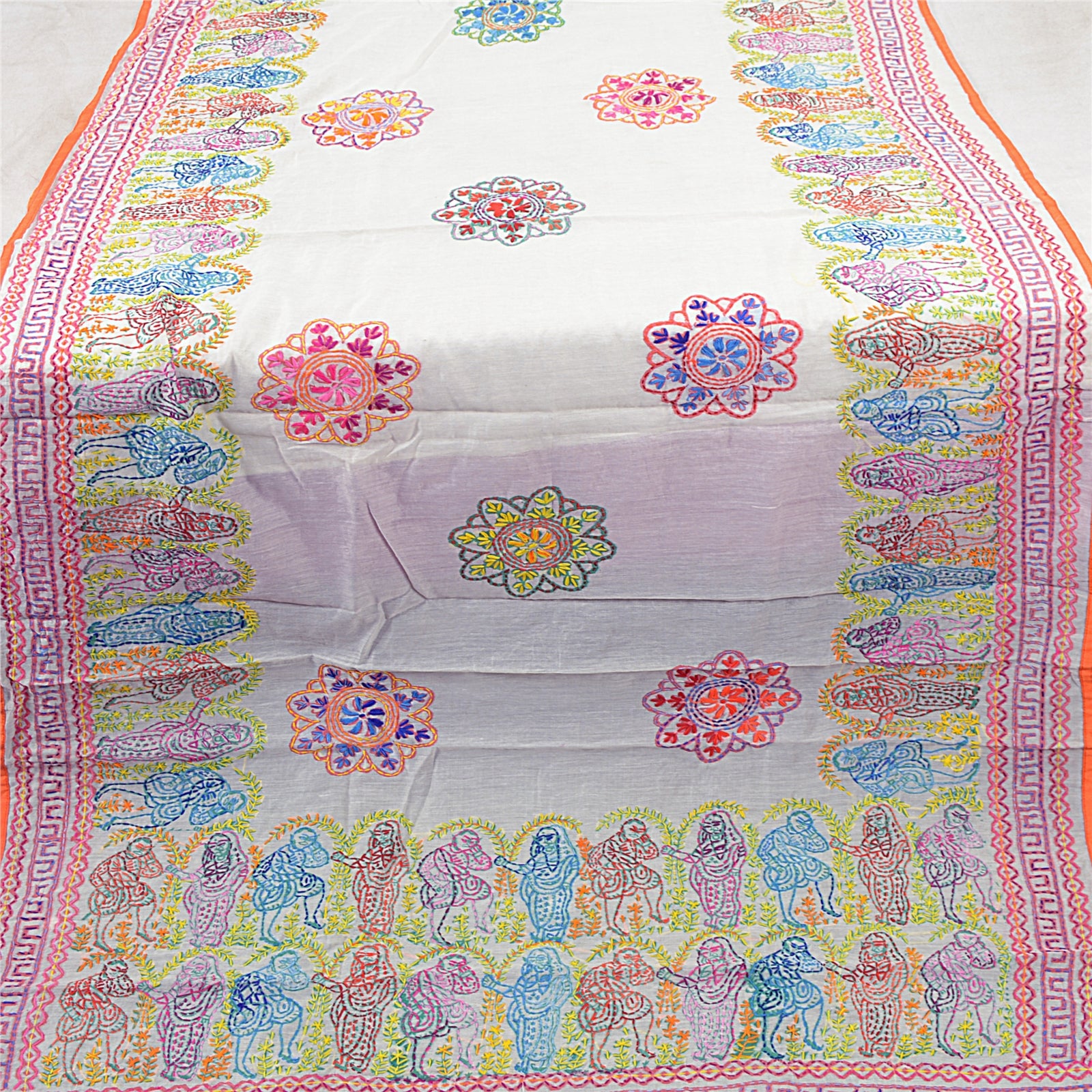 Sanskriti Vintage White Dupatta Hand Embroidered Kantha Stole Chanderi Silk Veil