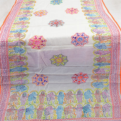 Sanskriti Vintage White Dupatta Hand Embroidered Kantha Stole Chanderi Silk Veil