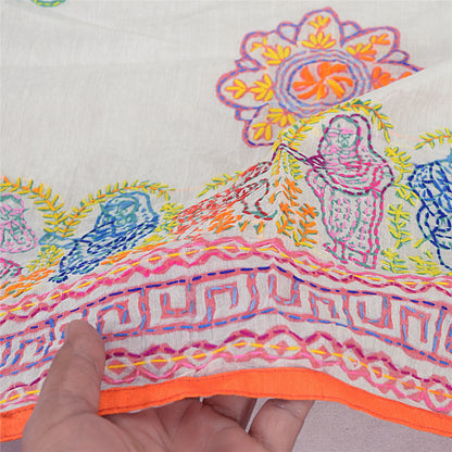 Sanskriti Vintage White Dupatta Hand Embroidered Kantha Stole Chanderi Silk Veil