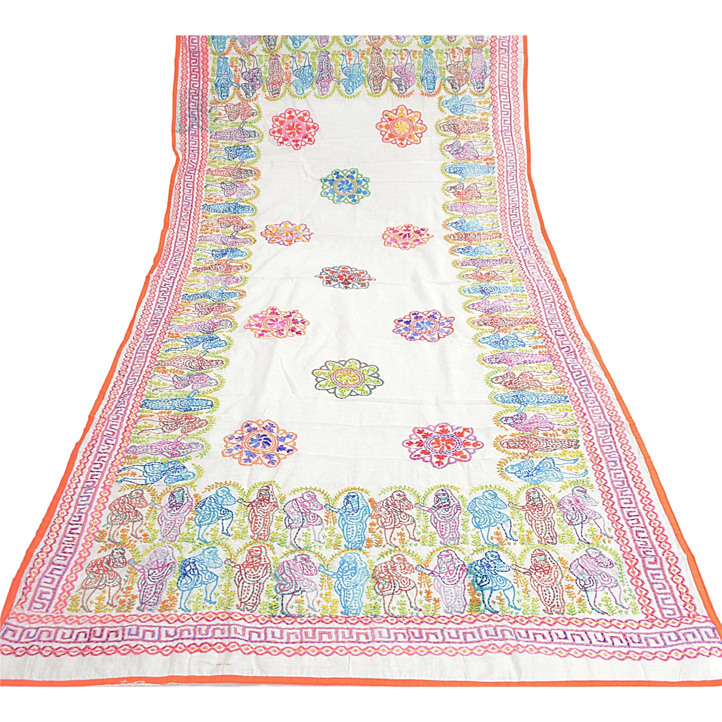 Sanskriti Vintage White Dupatta Hand Embroidered Kantha Stole Chanderi Silk Veil