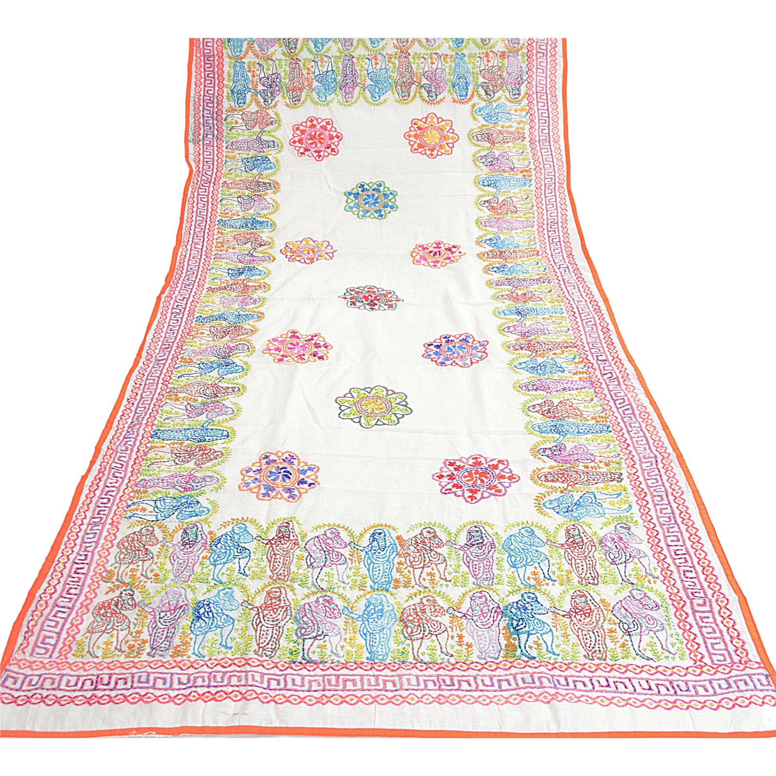 Sanskriti Vintage White Dupatta Hand Embroidered Kantha Stole Chanderi Silk Veil