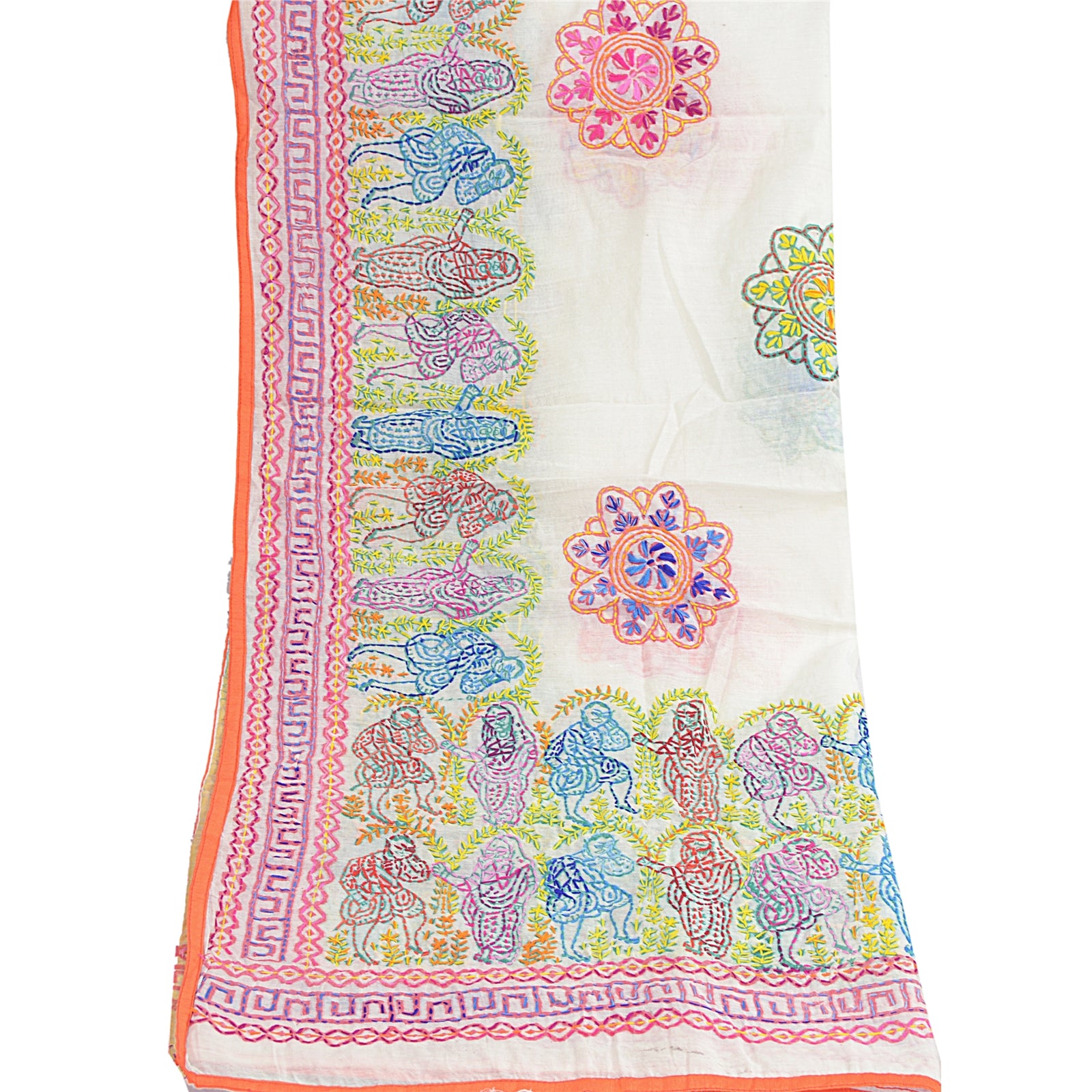 Sanskriti Vintage White Dupatta Hand Embroidered Kantha Stole Chanderi Silk Veil