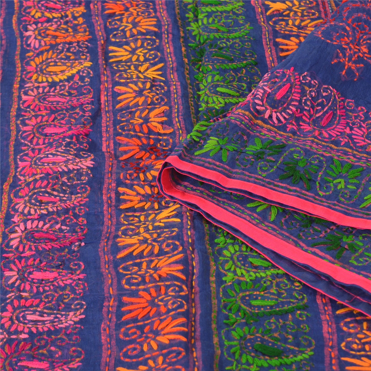 Sanskriti Indian Blue Dupatta Art Silk Hand Embroidered Phulkari Stole Scarves