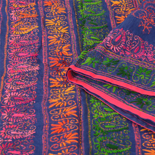 Sanskriti Indian Blue Dupatta Art Silk Hand Embroidered Phulkari Stole Scarves