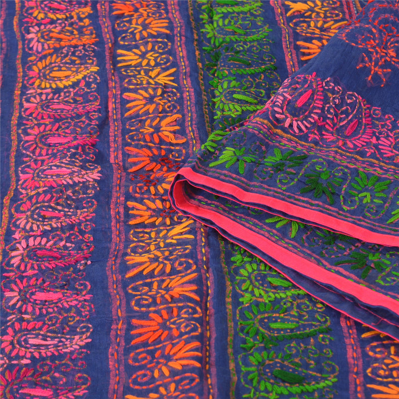Sanskriti Vintage Indian Blue Dupatta | Art Silk Hand Embroidered Phulkari Panjab Stole Wrap Indian Craft Supplies Fabric