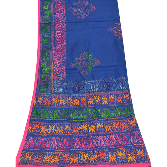 Sanskriti Indian Blue Dupatta Art Silk Hand Embroidered Phulkari Stole Scarves