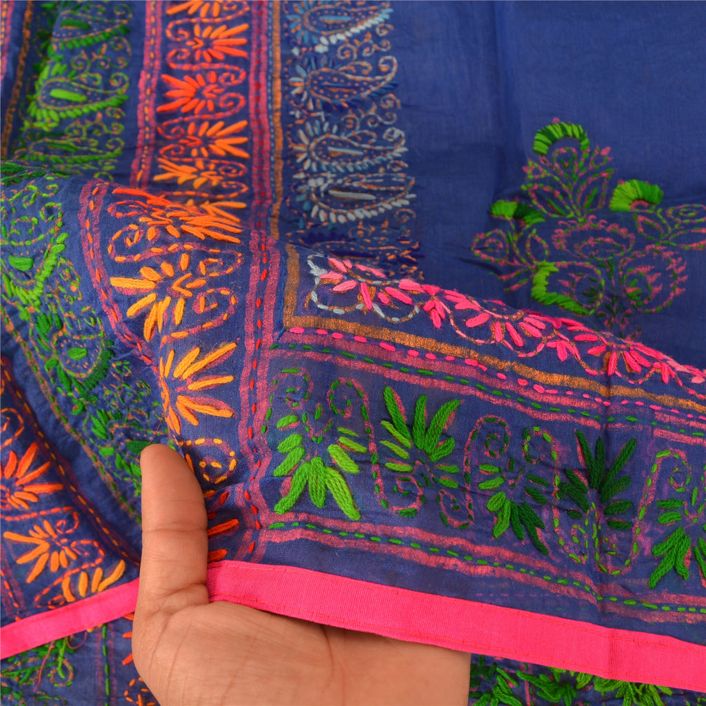 Sanskriti Vintage Indian Blue Dupatta | Art Silk Hand Embroidered Phulkari Panjab Stole Scarf Wrap Indian Craft Supplies Fabric