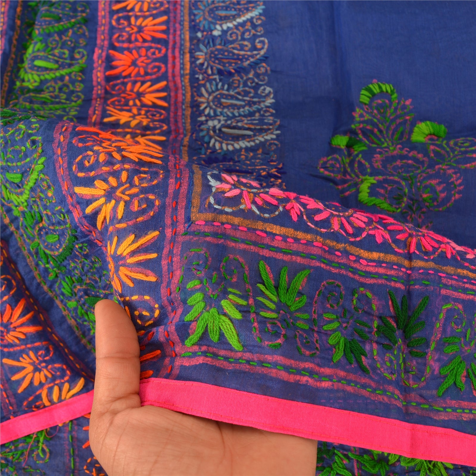 Sanskriti Vintage Indian Blue Dupatta | Art Silk Hand Embroidered Phulkari Panjab Stole Scarf Wrap Indian Craft Supplies Fabric