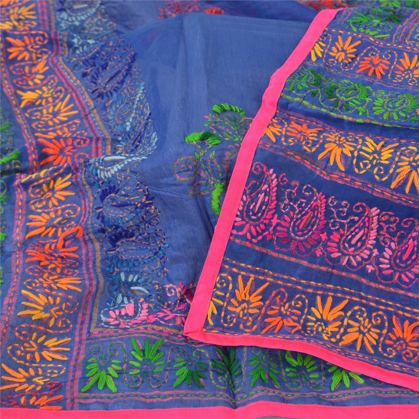 Sanskriti Indian Blue Dupatta Art Silk Hand Embroidered Phulkari Stole Scarves