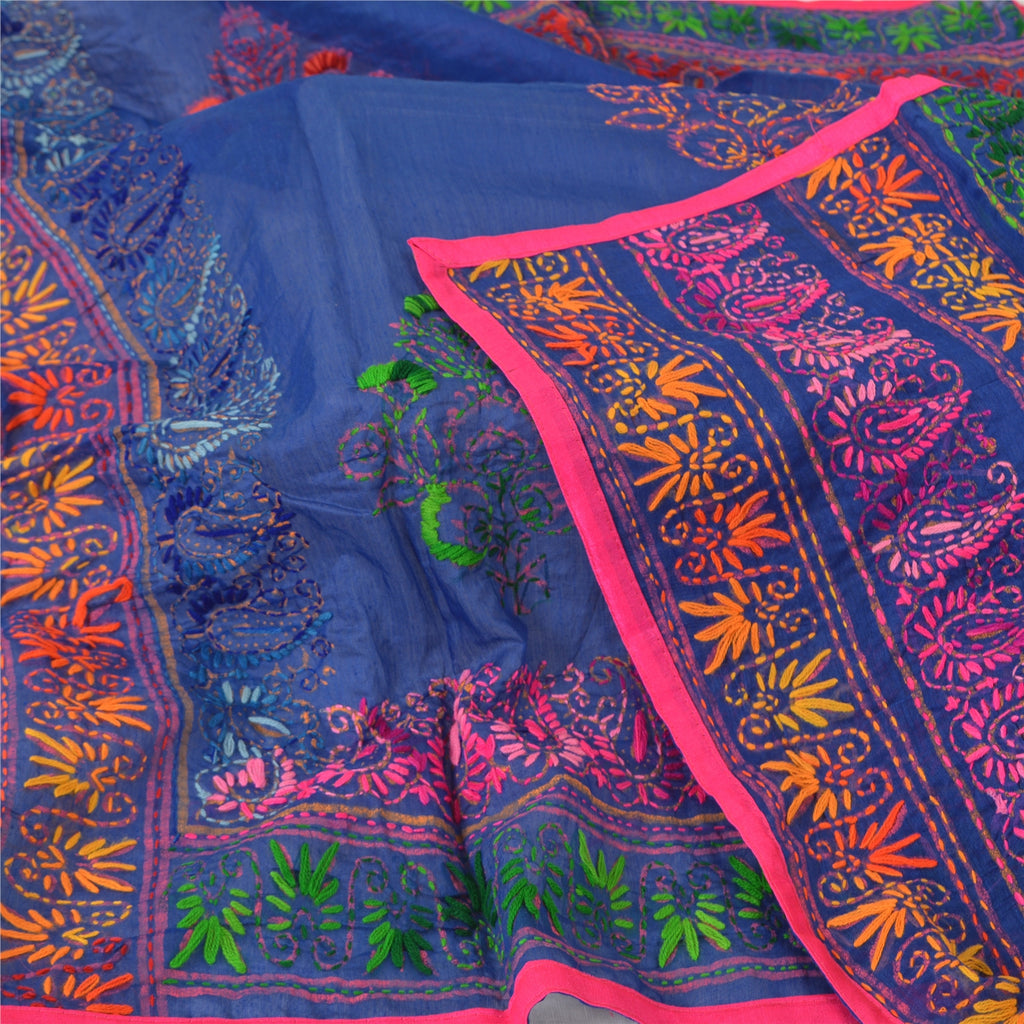 Sanskriti Vintage Indian Blue Dupatta | Art Silk Hand Embroidered Phulkari Panjab Stole Scarf Wrap Indian Craft Supplies Fabric