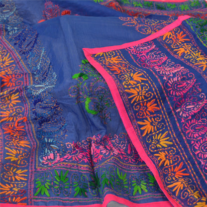 Sanskriti Indian Blue Dupatta Art Silk Hand Embroidered Phulkari Stole Scarves