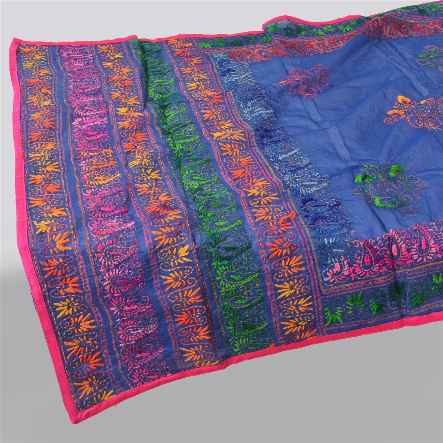Sanskriti Indian Blue Dupatta Art Silk Hand Embroidered Phulkari Stole Scarves