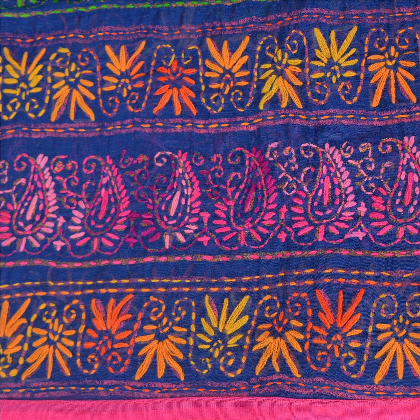 Sanskriti Indian Blue Dupatta Art Silk Hand Embroidered Phulkari Stole Scarves