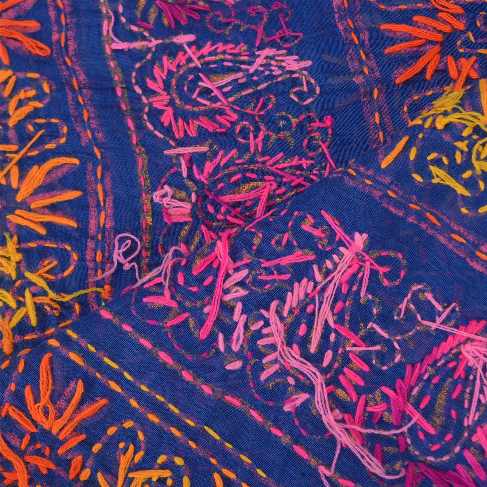 Sanskriti Vintage Indian Blue Dupatta | Art Silk Hand Embroidered Phulkari Panjab Stole Scarf Wrap Indian Craft Supplies Fabric