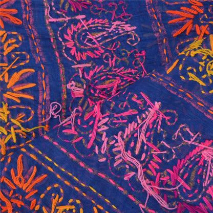 Sanskriti Indian Blue Dupatta Art Silk Hand Embroidered Phulkari Stole Scarves