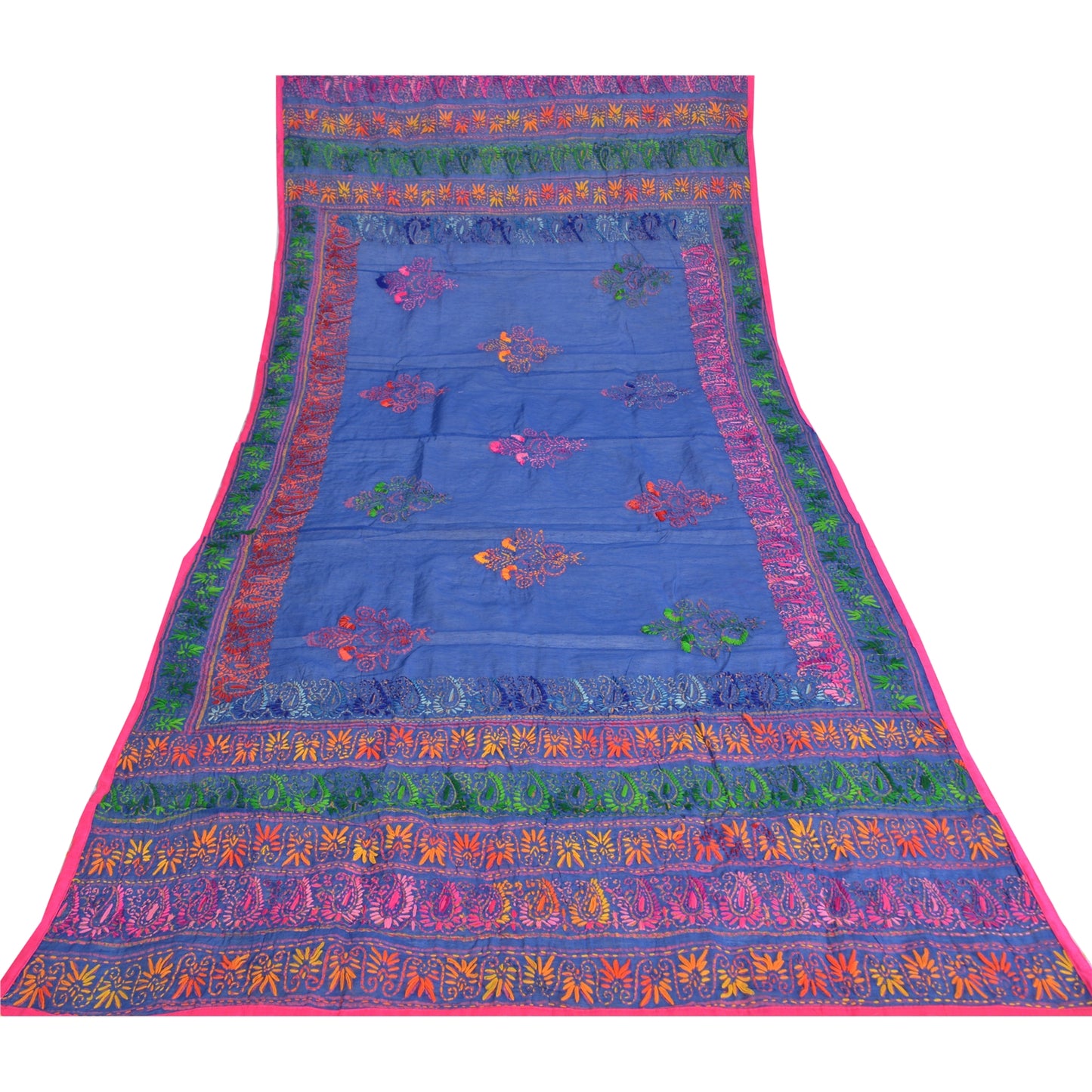 Sanskriti Indian Blue Dupatta Art Silk Hand Embroidered Phulkari Stole Scarves