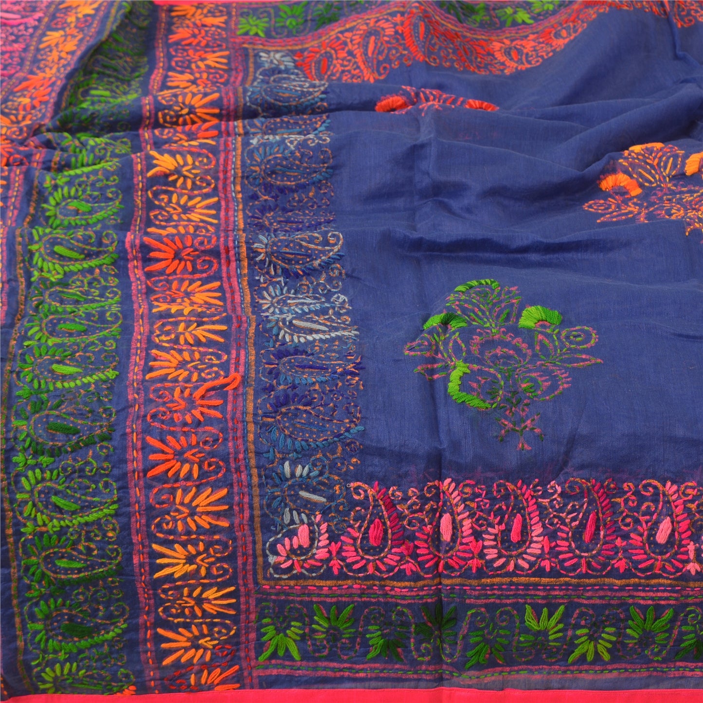 Sanskriti Indian Blue Dupatta Art Silk Hand Embroidered Phulkari Stole Scarves