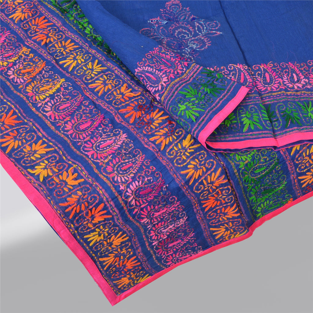 Sanskriti Vintage Indian Blue Dupatta | Art Silk Hand Embroidered Phulkari Panjab Stole Scarf Wrap Indian Craft Supplies Fabric