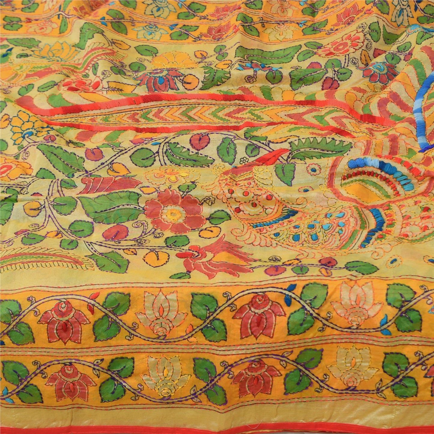 Sanskriti Vintage Cream Dupatta Chanderi Hand Embroidered Kalamkari Kantha Stole