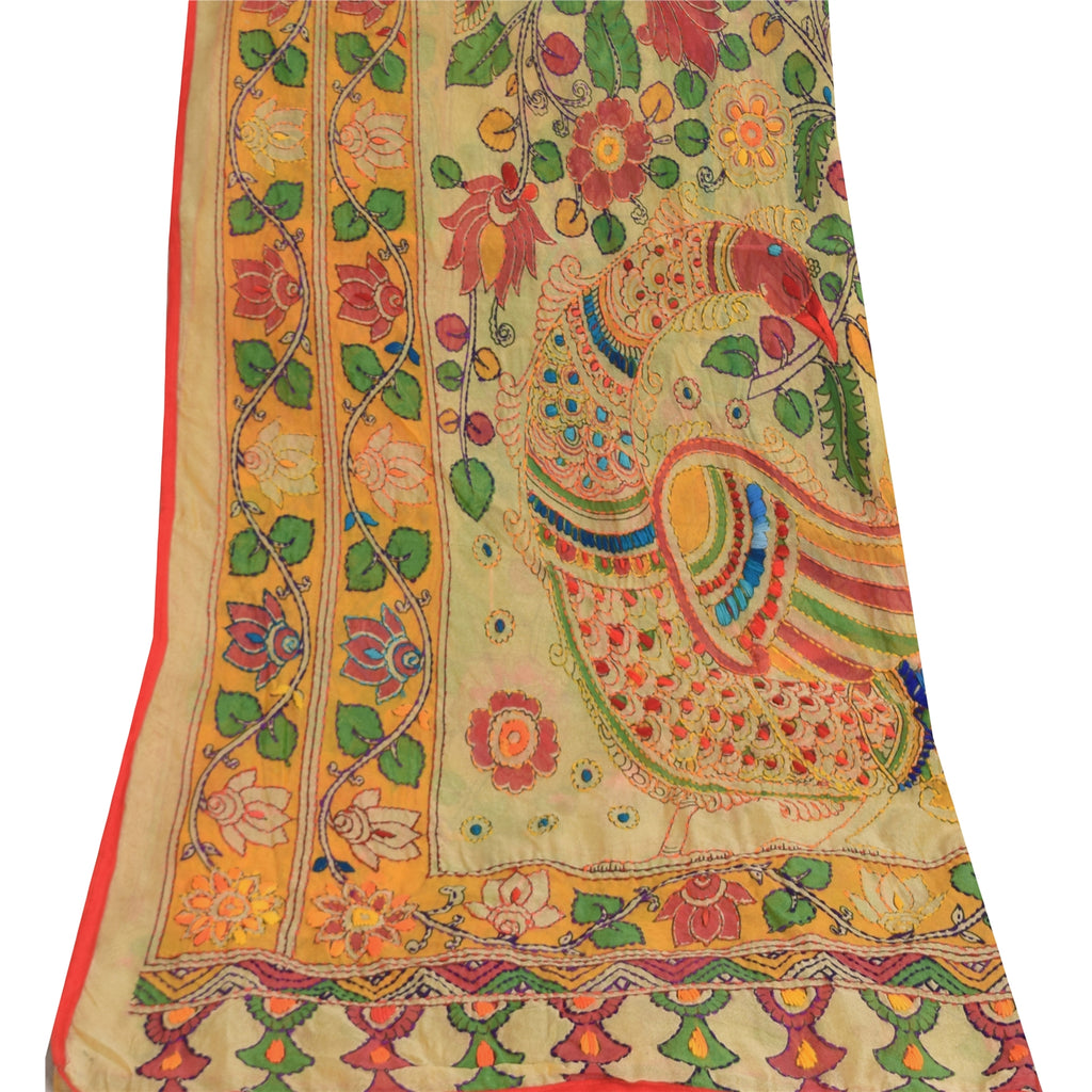 Sanskriti Vintage Cream Dupatta Chanderi Hand Embroidered Kalamkari Kantha Stole