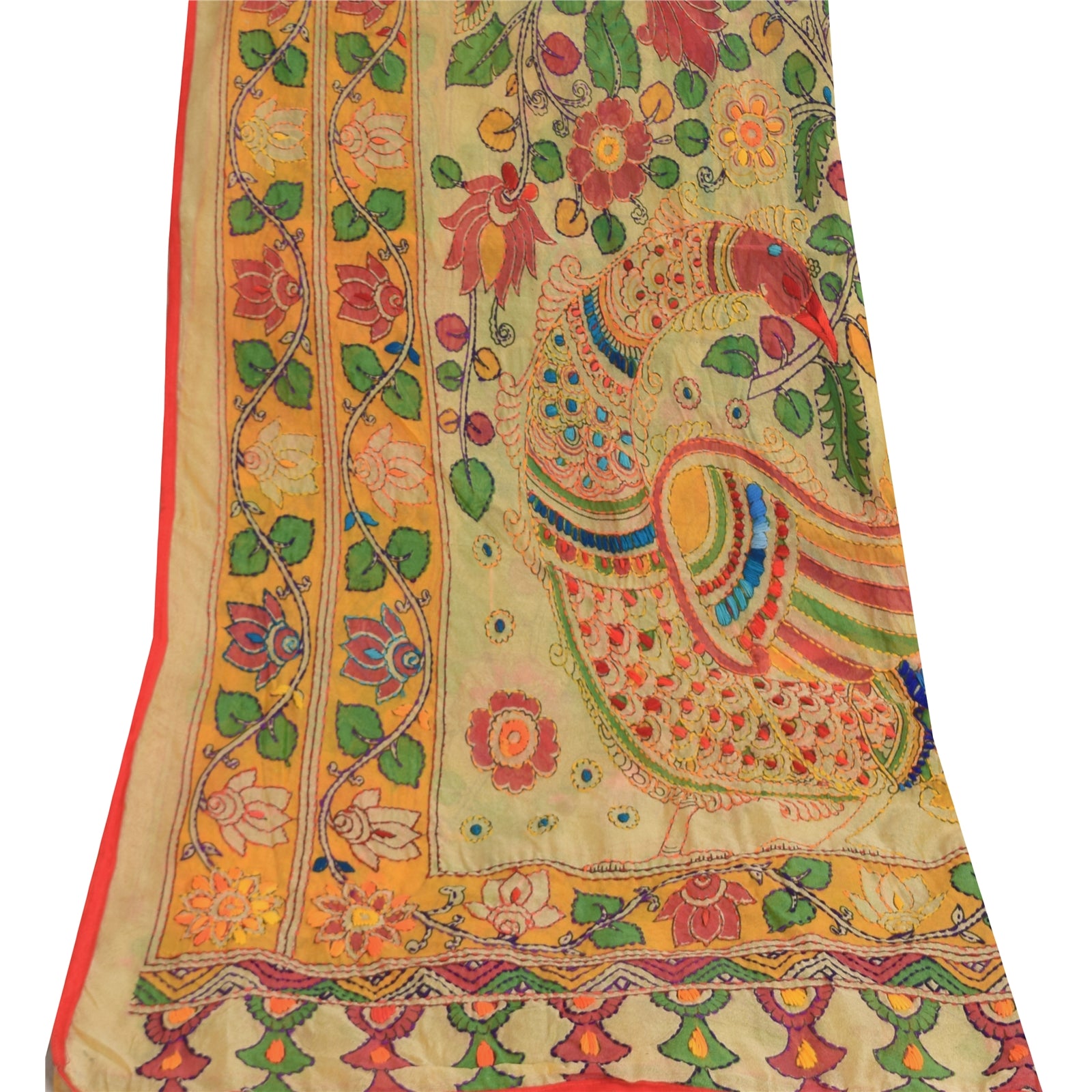 Sanskriti Vintage Cream Dupatta Chanderi Hand Embroidered Kalamkari Kantha Stole