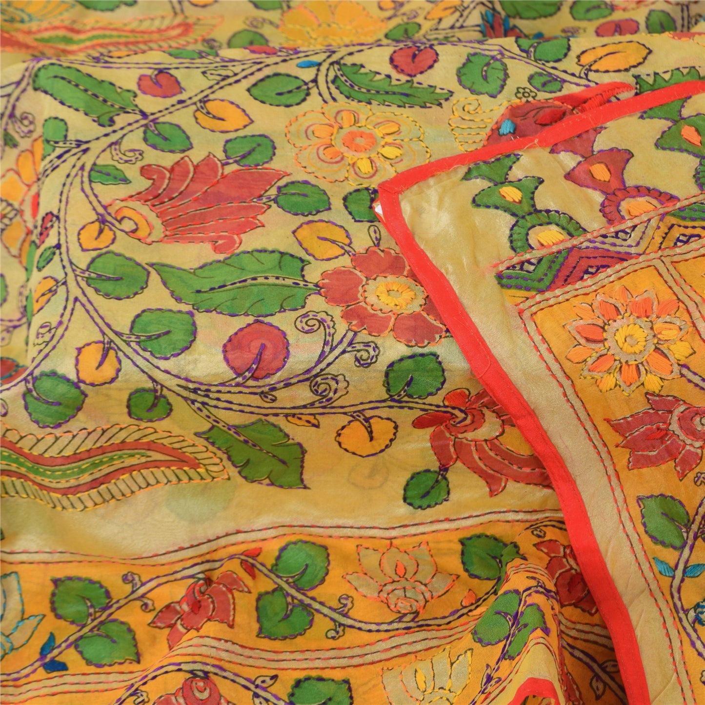 Sanskriti Vintage Cream Dupatta Chanderi Hand Embroidered Kalamkari Kantha Stole