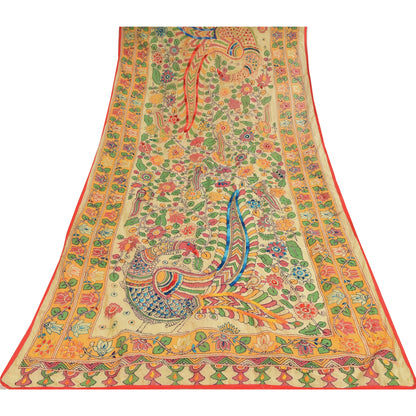 Sanskriti Vintage Cream Dupatta Chanderi Hand Embroidered Kalamkari Kantha Stole