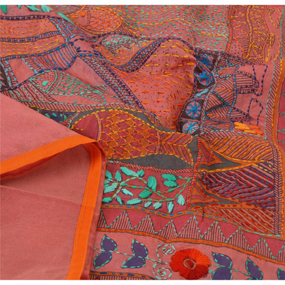 Sanskriti Vintage Pink Dupatta/Stole Chanderi Handmade Madhubani & Kantha Scarve