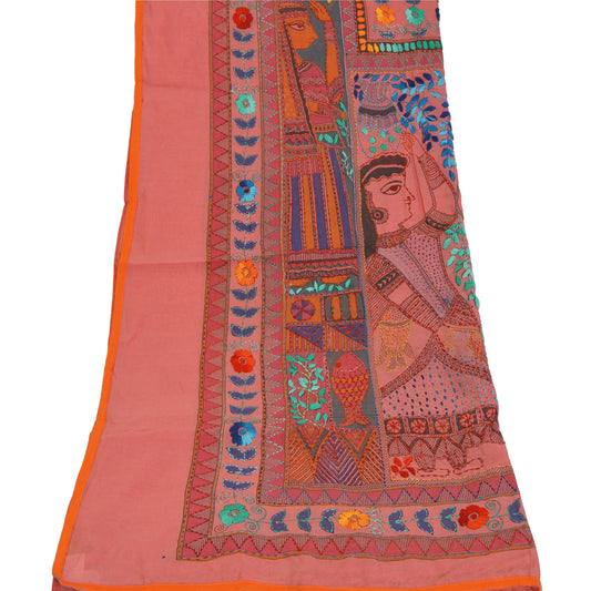 Sanskriti Vintage Pink Dupatta/Stole Chanderi Handmade Madhubani & Kantha Scarve