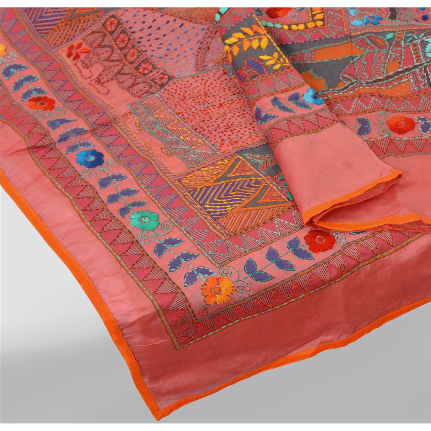 Sanskriti Vintage Pink Dupatta/Stole Chanderi Handmade Madhubani & Kantha Scarve