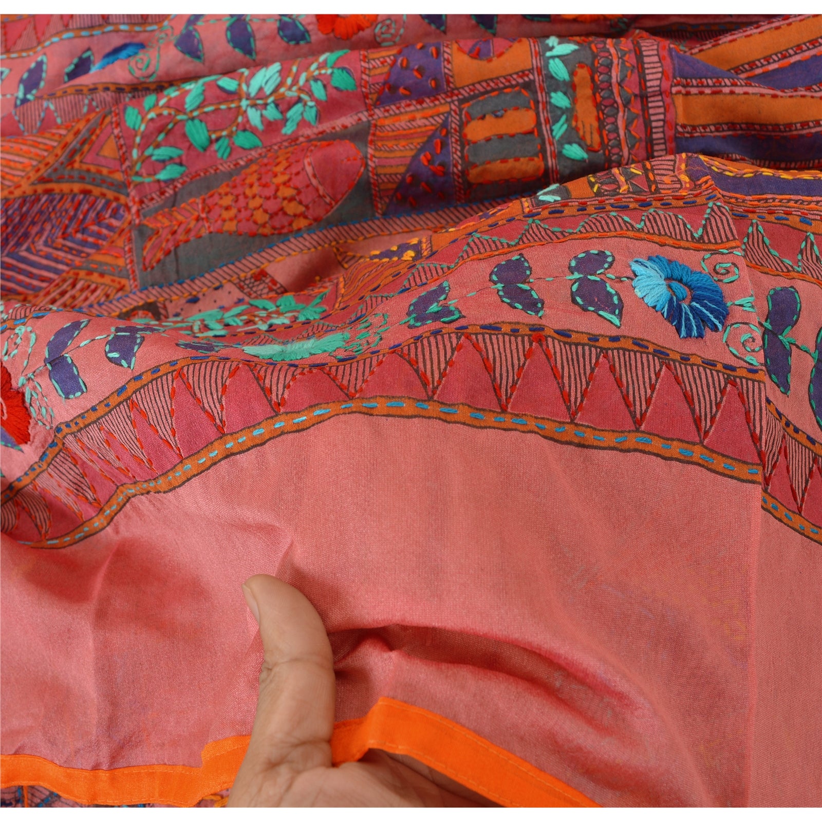 Sanskriti Vintage Pink Dupatta/Stole Chanderi Handmade Madhubani & Kantha Scarve